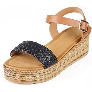 Samilor Platform Wedge Sandals Open Toe Elastic Ankle Strap Espadrilles Shoes, 8